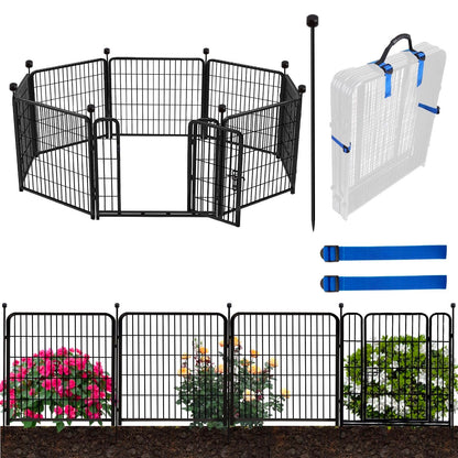 ADAVIN 32 in(H) Garden Fence with Low Threshold Gate, 8 Panels Total 17.7 Ft(L) Tall Garden Fencing for Raised Beds, Outdoor or Indoor Dog Playpen, Black Iron Metal Heavy Duty Dog Fencing