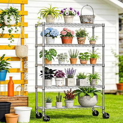 IZEUK 5-Tier Storage Shelving Unit with Wheels, Adjustable Heavy Duty Steel Wire Rack Organizer (Chrome, 17.7" D x 47.2" W x 76.7" H, 1750 lbs Capacity) for Garage, Kitchen, Pantry, Laundry, Basement
