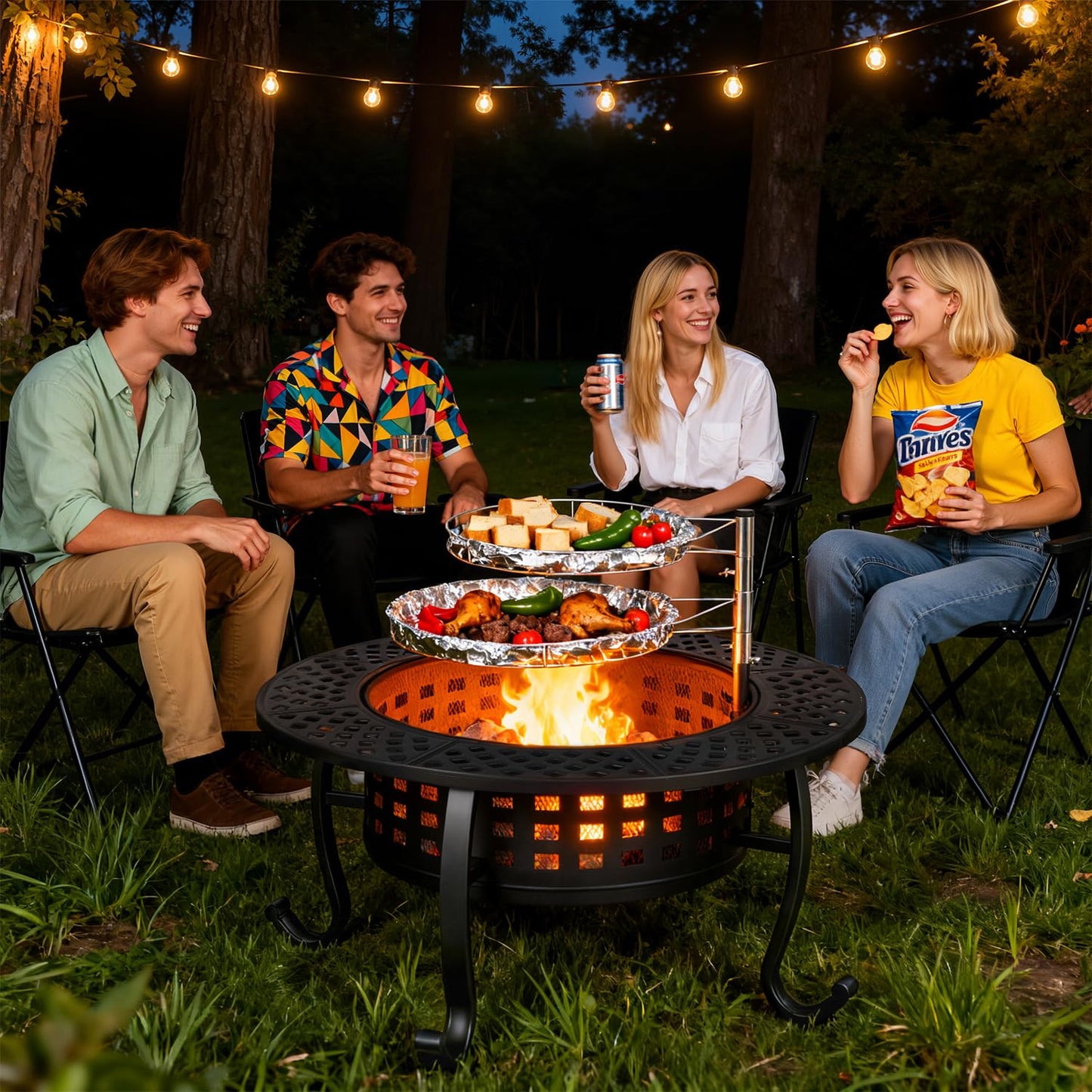 FDW 36 Inch Fire Pit with 2 Adjustable Grills,Wood Burning Fire Pits for Outside with Lid & Fire Poker, BBQ& Outdoor Firepit & Round Metal Table 3 in 1 for Patio, Picnic, Party