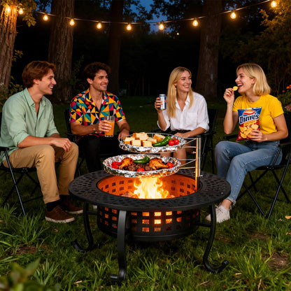 FDW 36 Inch Fire Pit with 2 Adjustable Grills,Wood Burning Fire Pits for Outside with Lid & Fire Poker, BBQ& Outdoor Firepit & Round Metal Table 3 in 1 for Patio, Picnic, Party