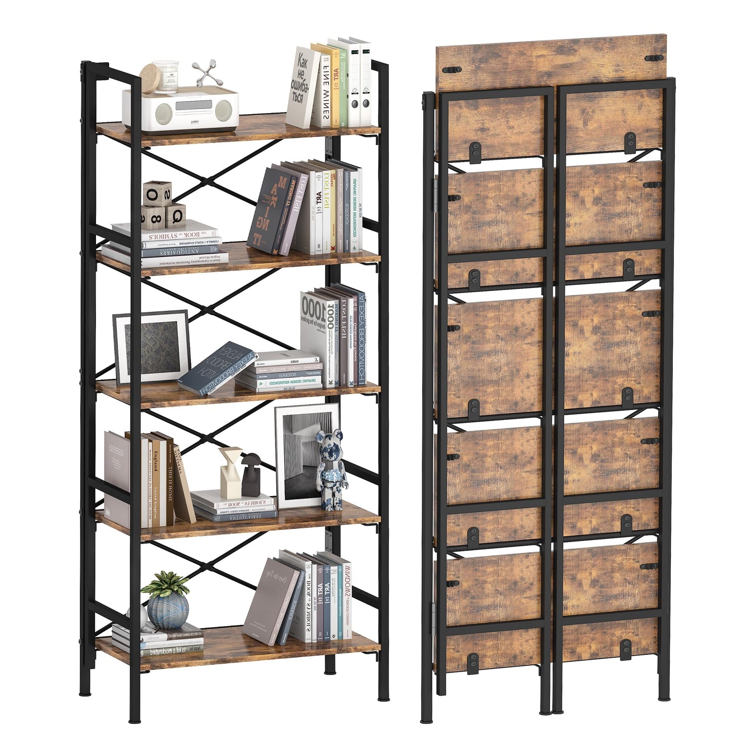 Homeiju Folding Bookshelf,5 Tier Bookcase Foldable Shelf with X-Bracket Design, Adjustable Feet, Space Saving Storage for Living Room, Office, Rustic Brown