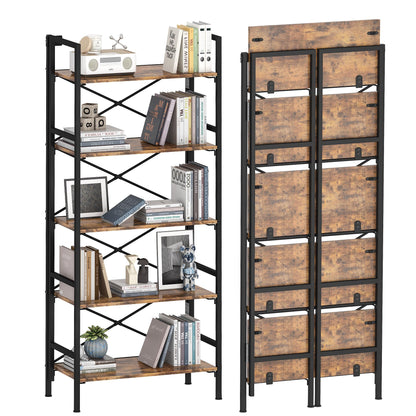 Homeiju Folding Bookshelf,5 Tier Bookcase Foldable Shelf with X-Bracket Design, Adjustable Feet, Space Saving Storage for Living Room, Office, Rustic Brown