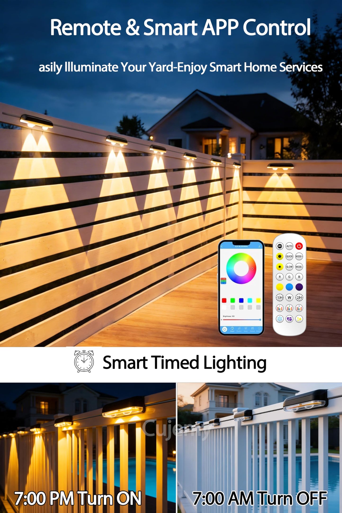 Cujemy Outdoor Deck Lights 16 Pack, 100ft Smart RGB Outdoor Lights, APP, Remote Control, Waterproof LED String Light with Timer for Wall Fence Step Yard Stairs Pool Halloween Christmas Decor