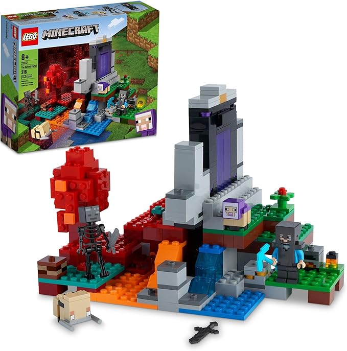 LEGO Minecraft The Ruined Portal Building Toy 21172 with Steve and Wither Skeleton Figures Gift Idea for 8 Plus Year Old Kids Boys &amp Girls