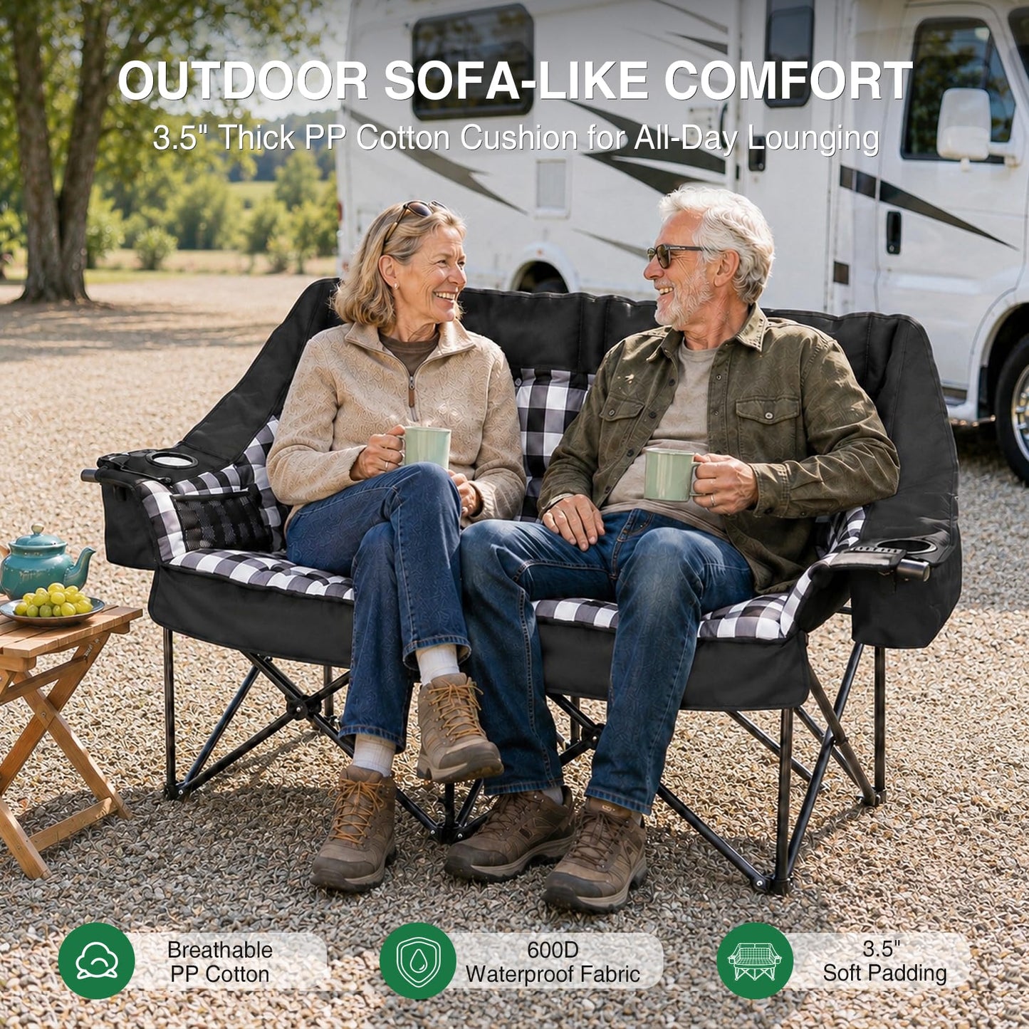 HOPERAN Double Camping Chair, Oversized Padded Camping Couch, 600D Oxford Folding Camping Loveseat w/Side Pocket, Cooler Bag, Wine Glass Holder, 800LBS Heavy Duty Lawn Chair for Patio Backyard Beach