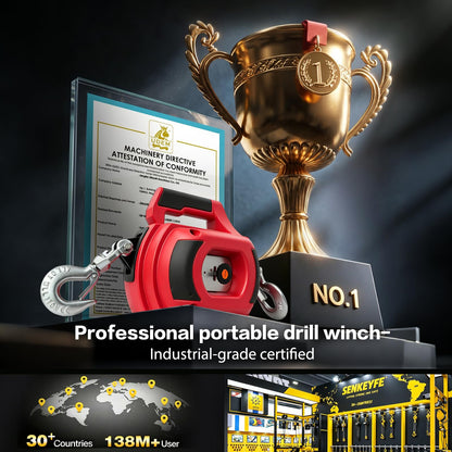 SENKEYFE Drill Powered Portable Winch 1000LBS, 40FT Portable Drill Winch w/D-Ring Strap & Tow Strap, New Anti-Twist Steel Wire Rope, Portable Handheld Drill Winch for Dragging Handling Trailer
