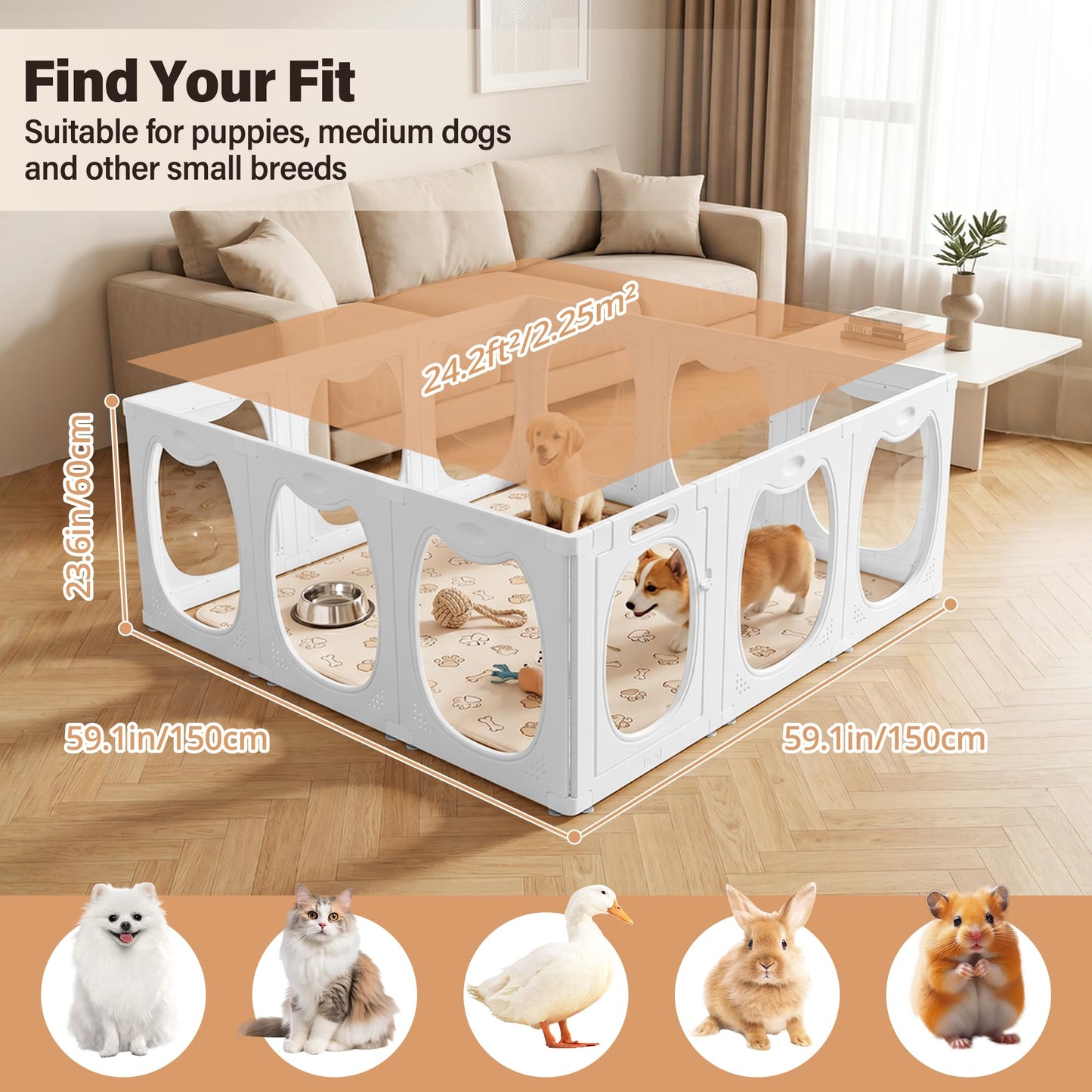 Homgava Clear PET Dog Playpen Indoor, 12-Panel Heavy-Duty Transparent Puppy Playpen, Modular Pet Fence Enclosure for Small Medium Dogs, Easy to Assemble (White, 24 Inch H, 12 Panels)