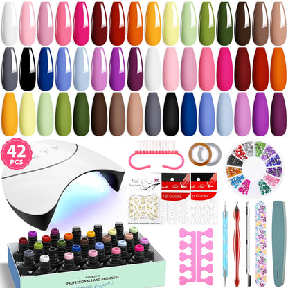 VANREESA 42 Pcs Gel Nail Polish Kit with U V Light 24 Popular Colors Gel Polish Nail Kit Green Blue Purple Pink Orange Complete Nail Kit with Manicure Tools Gifts for Women Girls