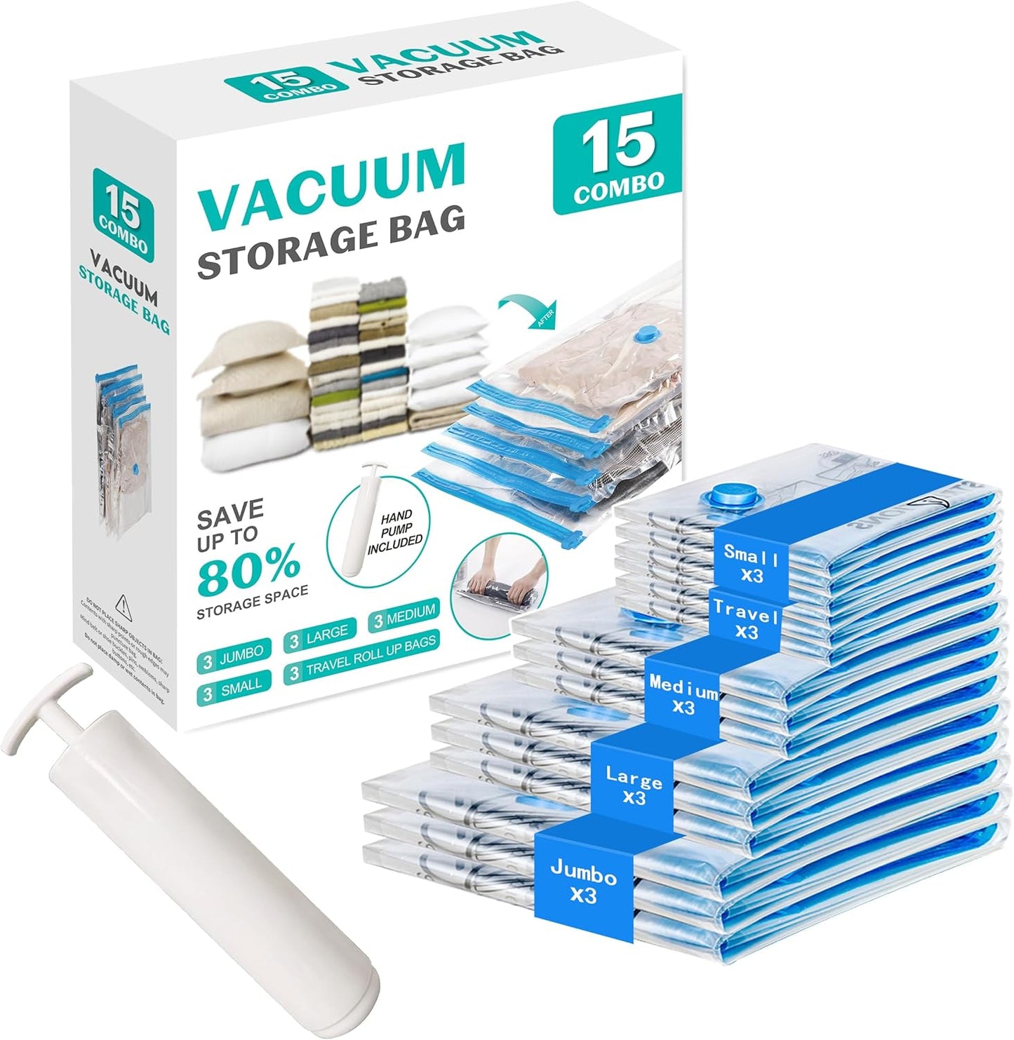 Skiennix Vacuum Seal Bags - 15 Pack Space Saver Storage Bags for Clothing & Travel | Hand Pump Included