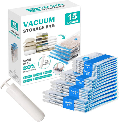 Skiennix Vacuum Seal Bags - 15 Pack Space Saver Storage Bags for Clothing & Travel | Hand Pump Included