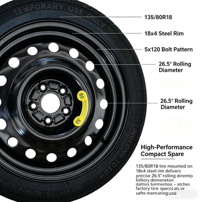 Spare Tire Kit Compatible with Chevrolet Camaro 2016-2024 | 135/80R18 Spare Wheel on 18x4 Rim| 26.5" Rolling Diameter | Includes Car Jack Kit & Tire Carrying Case Excluding (SS,LT1, ZL1, 1LE) Models