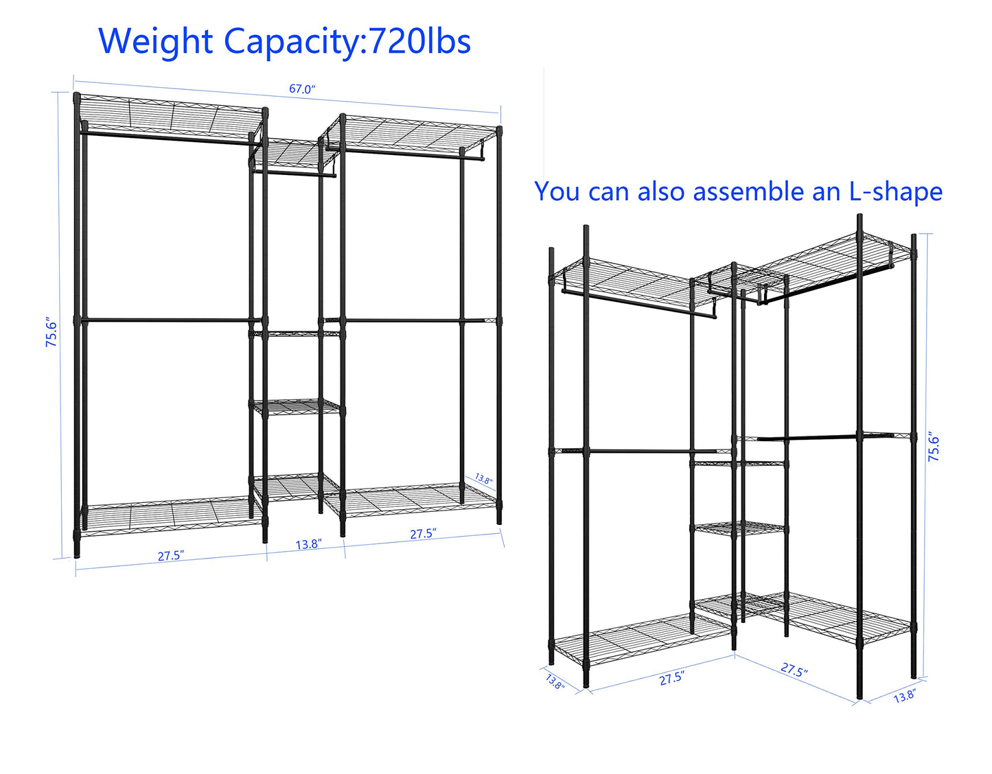 Serxis Heavy Duty Clothes Rack for Hanging Clothes, Metal Garment Rack，Large Capacity Portable Clothing Rack，Freestanding Open Wardrobe Organizer Rack, 67.0"L x 13.8"W x 75.6"H Max Load 720LBS, Black