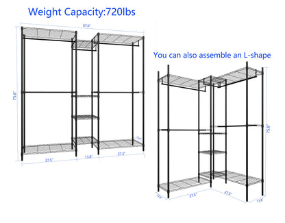 Serxis Heavy Duty Clothes Rack for Hanging Clothes, Metal Garment Rack，Large Capacity Portable Clothing Rack，Freestanding Open Wardrobe Organizer Rack, 67.0"L x 13.8"W x 75.6"H Max Load 720LBS, Black