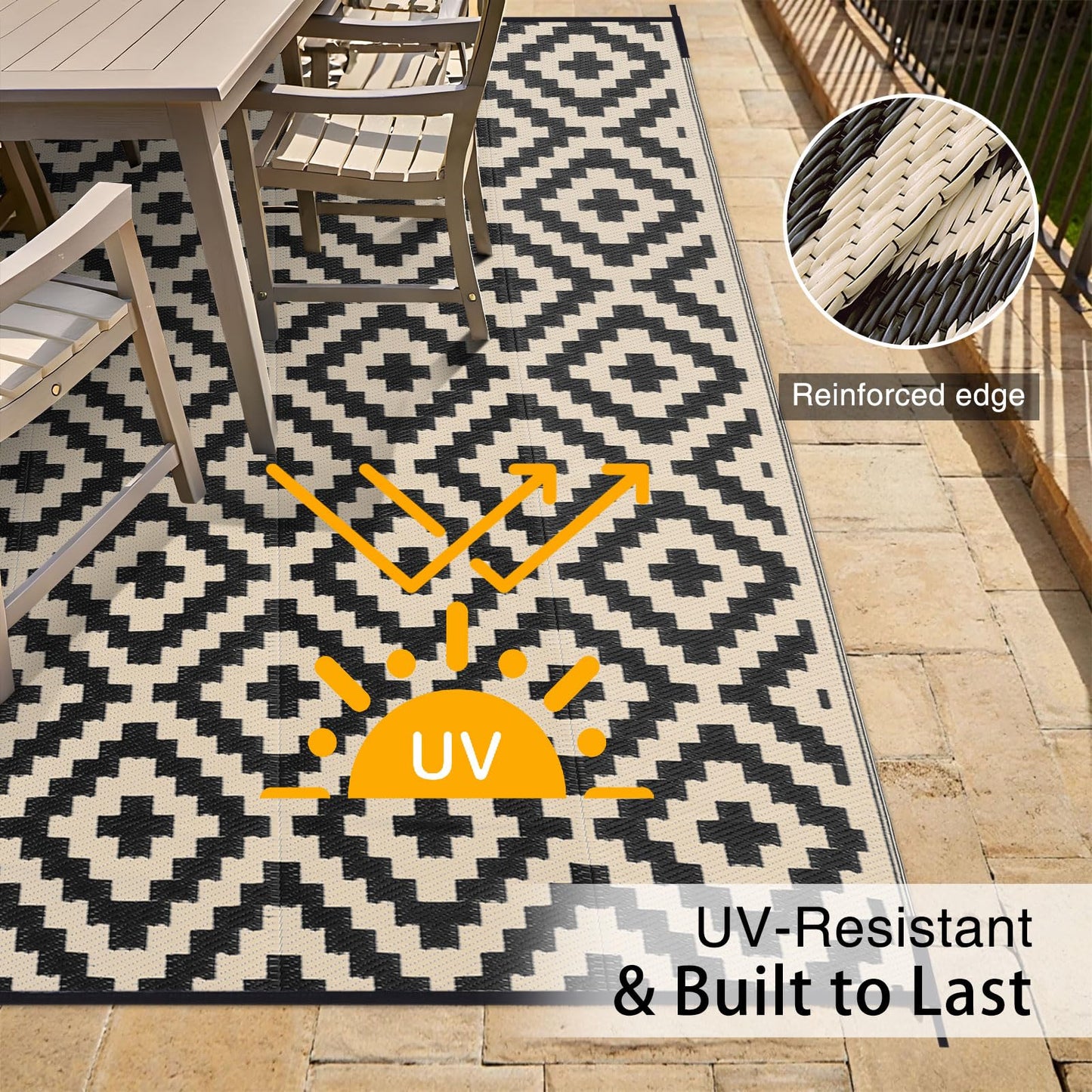 OLANLY Waterproof Outdoor Rug 10x14 ft, Outdoor Plastic Straw Rug for Camping, RV Mat Outside, Outdoor Carpet for Porch, Deck, Backyard, Balcony, Picnic, Black & Beige