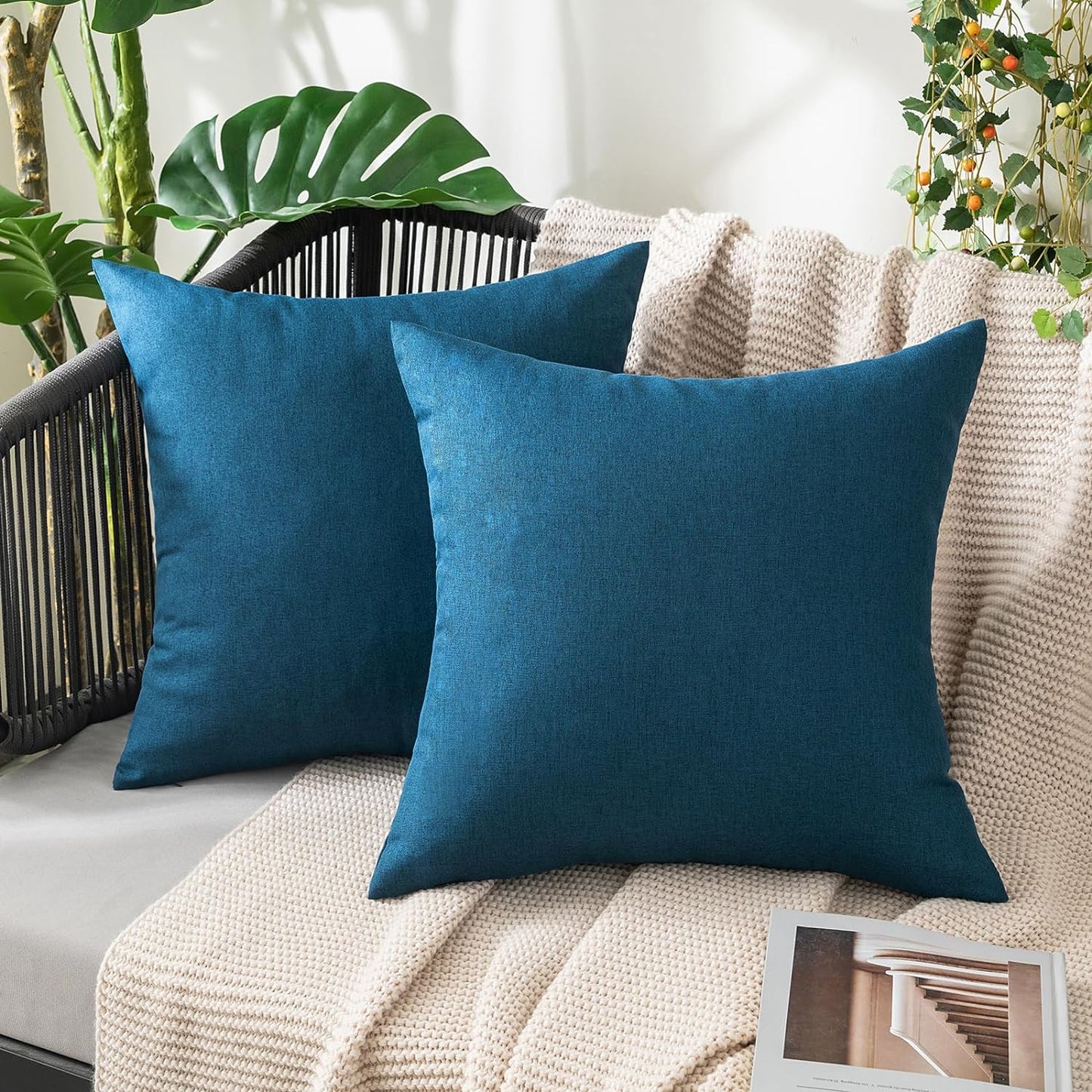 MIULEE Decorative Outdoor Throw Pillow Covers - Waterproof Faux Linen Cushion Cases | 18x18 Inch Blue, Set of 2