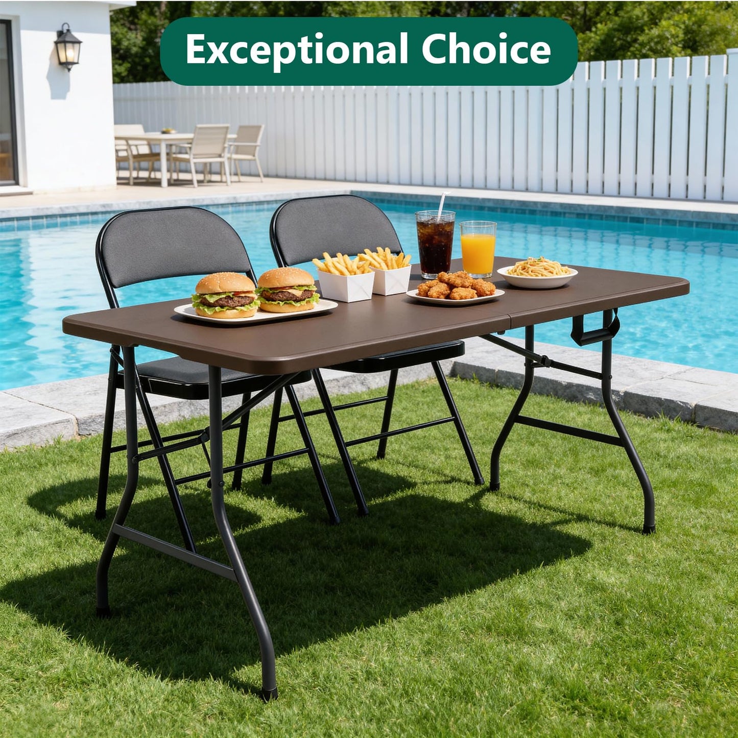 2 Pack 5ft Folding Table, Foldable Picnic Table with Carrying Handle, Heavy Duty Fold-in-Half Portable Table for Weddings, Camping, RV Travel, Parties, and Indoor Use, Easy to Fold and Store, Brown