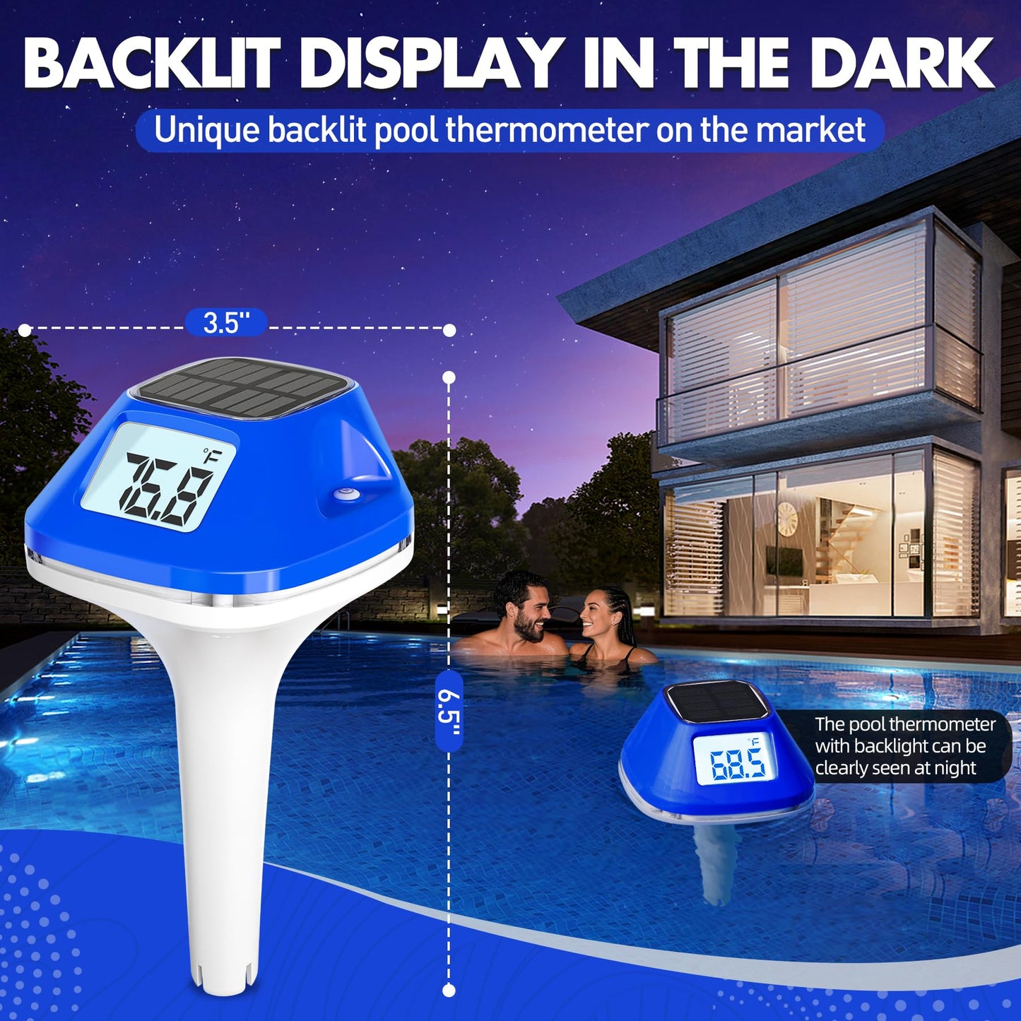 Pircaath 2025 Next-Gen Solar Pool Thermometer Floating Easy Read, Digital Pool Thermometer with Extra-Large Backlit LCD Screen & Rope, IP68 Waterproof Pools Water Temperature Gauge for Hot Tub, Spa