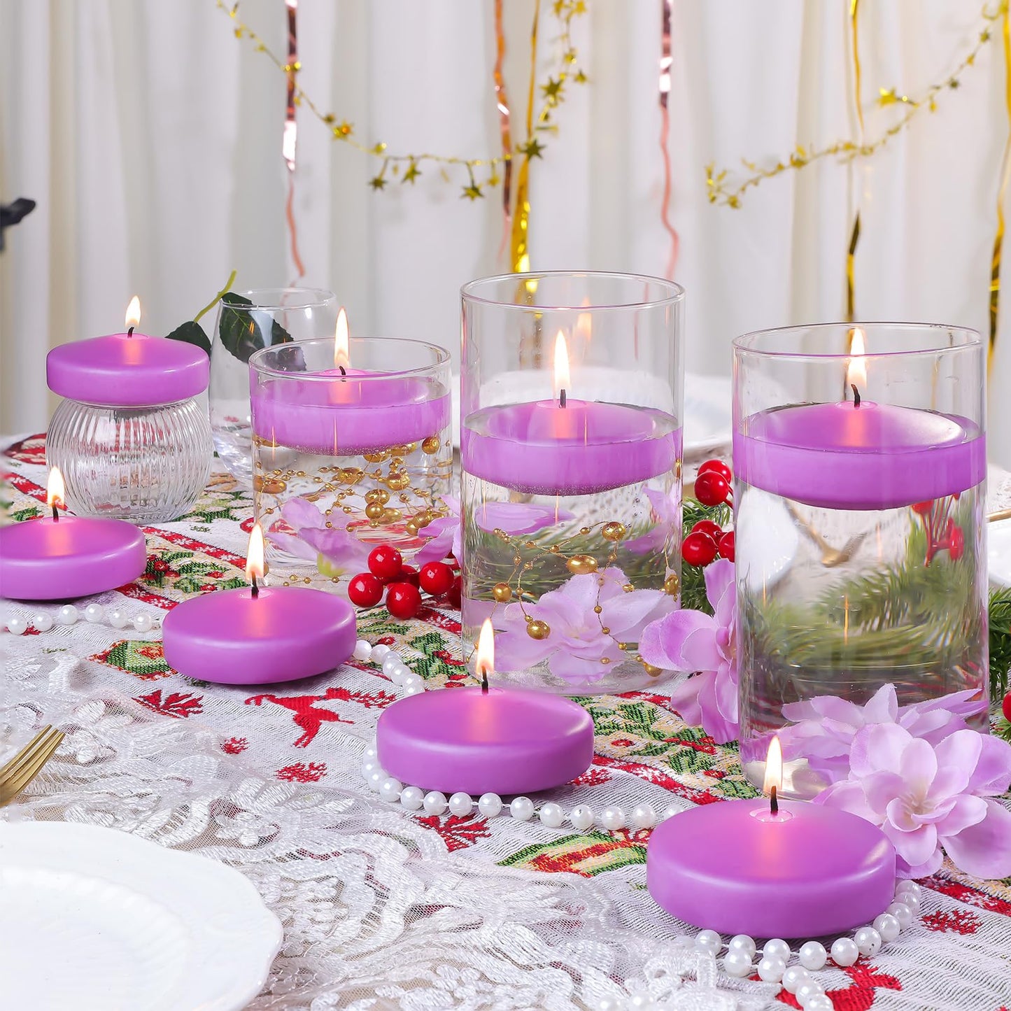 3 inch Purple Floating Candles 8-9 Hours Floating Candle for Centerpieces 30 Packs Unscented Floating Candles 3” Water Candles for Cylinder Vases, Pool, Wedding