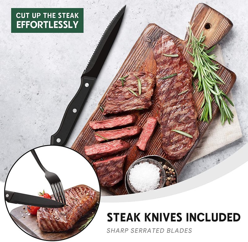 Hiware 48-Piece Matte Black Silverware Set with Steak Knives, Black Flatware Set for 8, Stainless Steel Tableware Cutlery Set, Utensil Sets for Kitchen