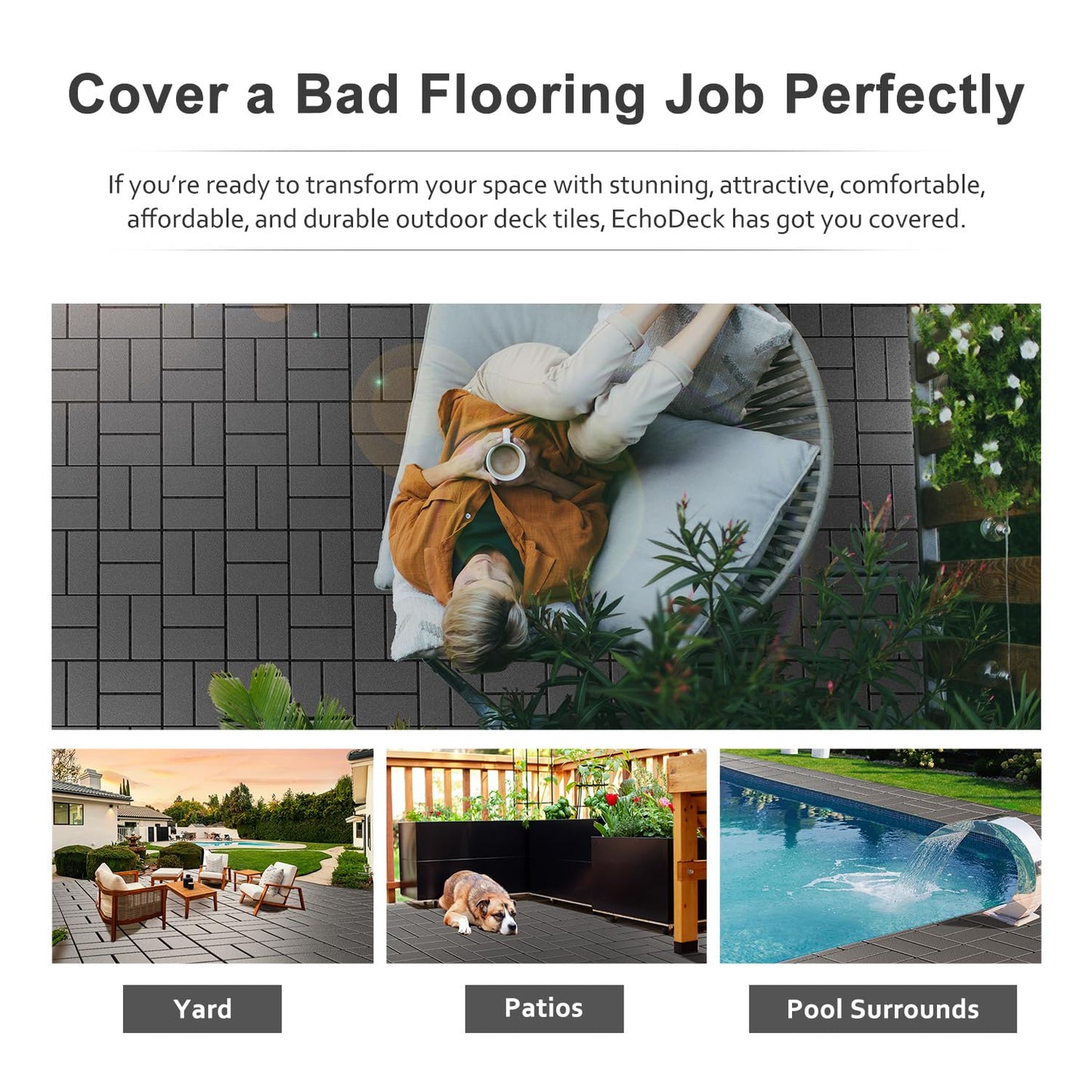 Interlocking Deck Tiles, EchoDeck Patio Deck Tiles, 44 Pack Deck Tiles Interlocking Outdoor All Weather, 12"x12", 8 Slat, 44 Sq. Ft, Highly Durable, Stylish, Non-Slip, Faster-Drying, Dark Grey