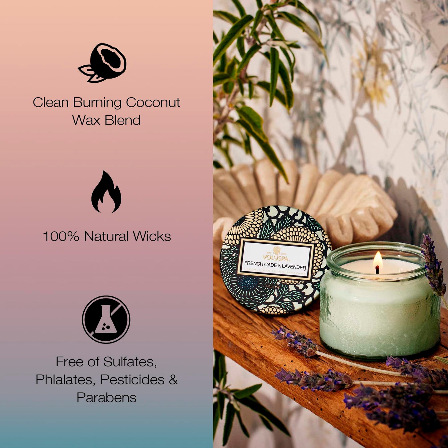 Voluspa French Cade Lavender, Petite Candle Jar, 3.2 oz, 25 Hour Burn Time, Coconut Wax for Clean Burning, Handcrafted in the USA