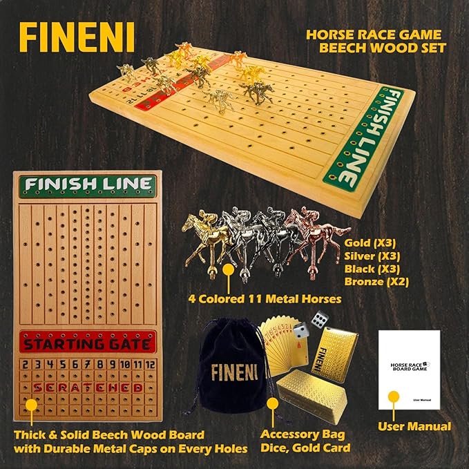 Horse Racing Game for Adults Horse Race Board Game with 11 Luxurious Metal Horses (Gold Silver Black Rose Gold) 22” Beech Wood Horse Race Game Board Dice &amp Golden Card Included (Beech)