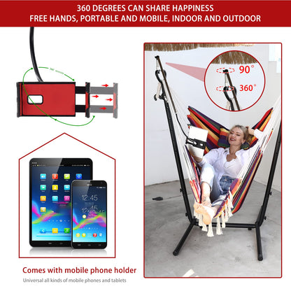 ZEYU Hammock Chair with Stand Double Hammock Chair Bohemian Style with Tassel Mobile Phone Support Manual Adjustable Swing Indoor and Outdoor Garden Porch with Floor mat Reclining Capacity 400 pounds
