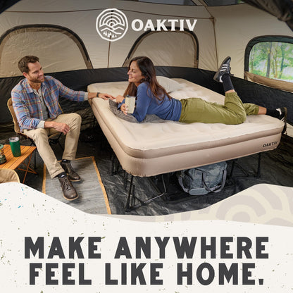 Oaktiv Queen Air Mattress with Frame, Self Inflating/Deflating Bed for Adults - PeakRest Blow Up Bed, Camping Cot with Mattress - Portable with Travel Rolling Case on Wheels
