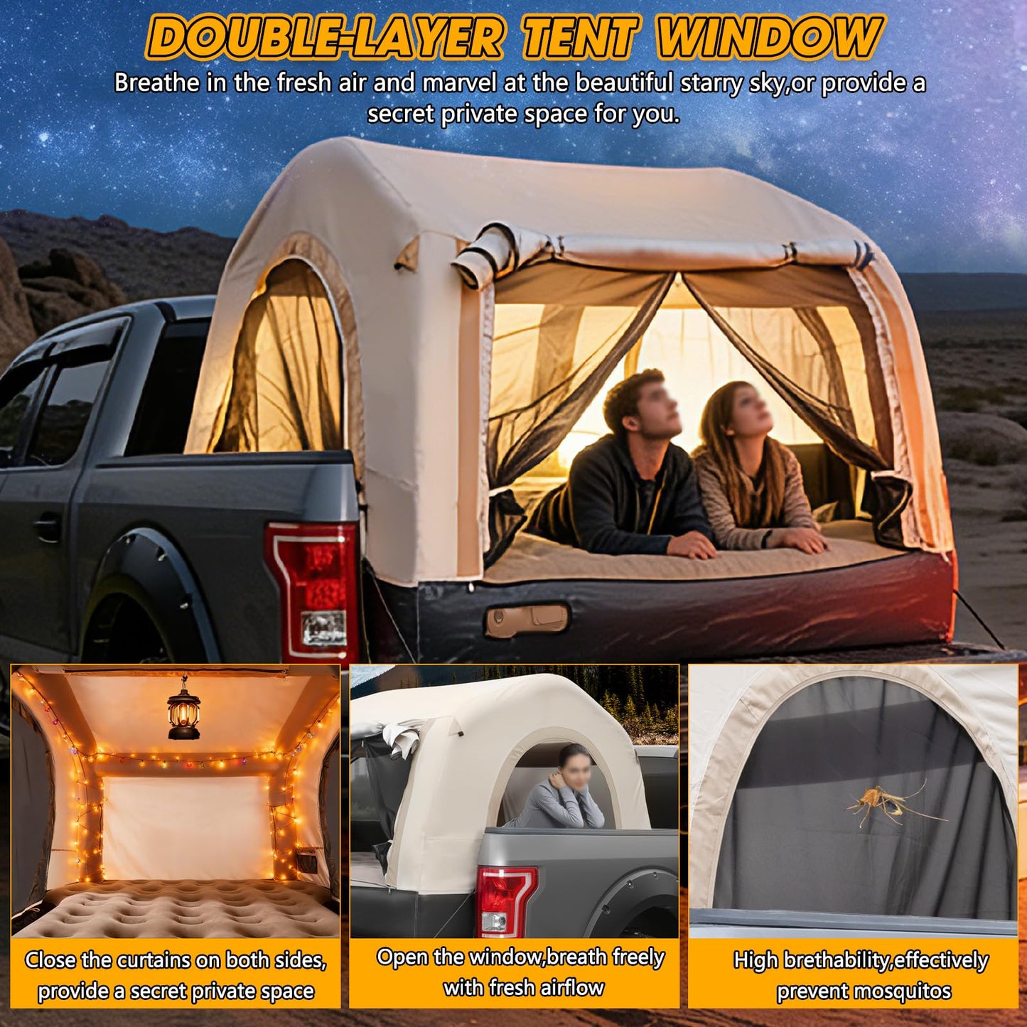 TIPHOPE All-in-One Inflatable Truck Bed Tent with Mattress for 5.5-6.5FT,Built in Wireless Rechargeable Air Pump,3 Mins Fast Setup,Waterproof PU 2000MM Pickup Truck Tent for Camping Road Trip