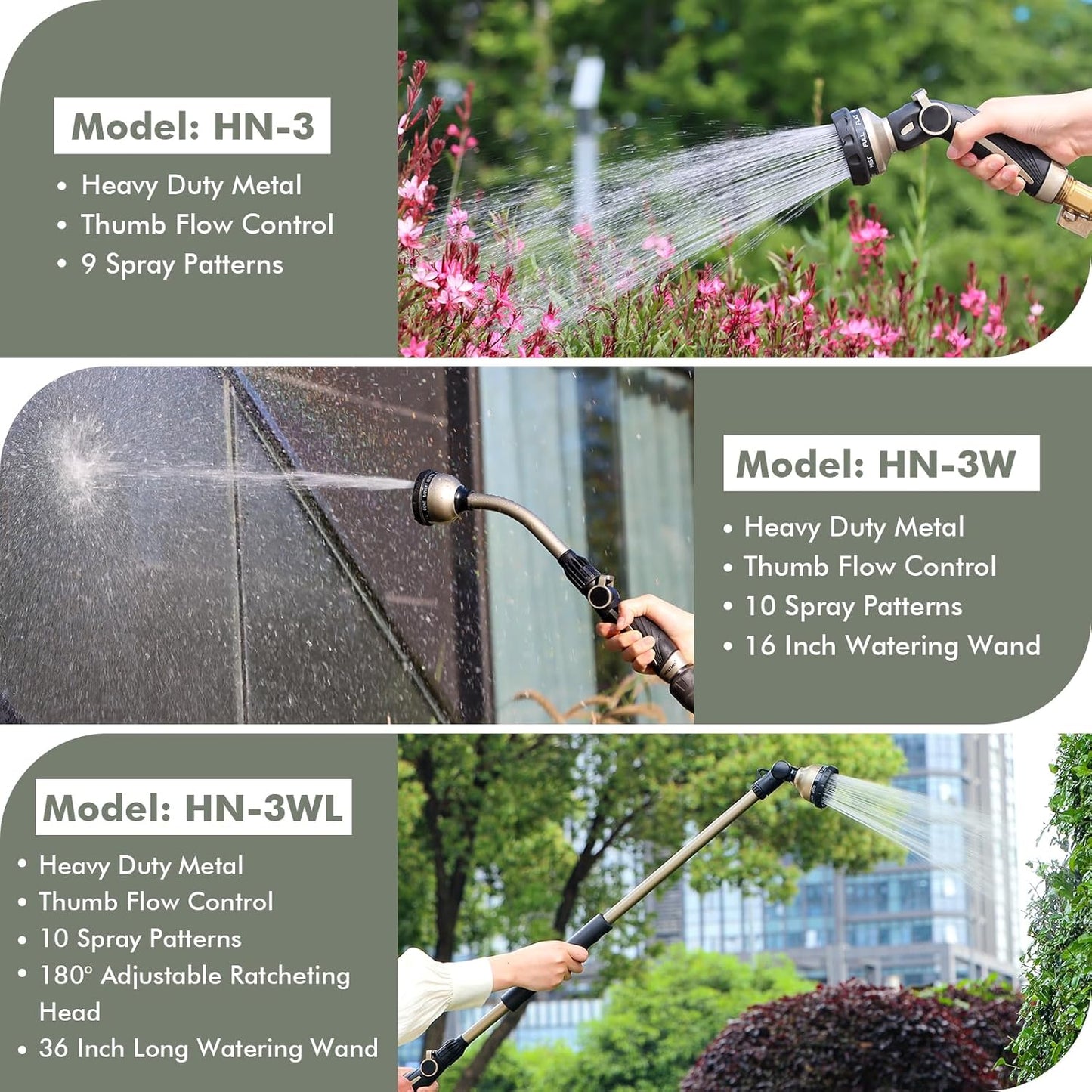 RESTMO Heavy-Duty Watering Wand - 10 Spray Patterns, 15-Inch Metal Hose Nozzle with Thumb Control for Hanging Baskets & Shrubs