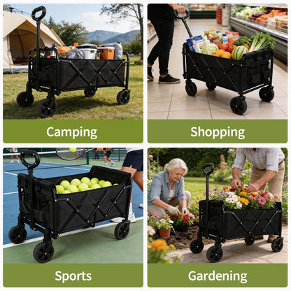QEZER Foldable Wagon Cart, Collapsible Utility Wagon with All Terrain Wheels, Portable Folding Cart for Camping Garden Shopping Grocery Sports (Black, 120L)