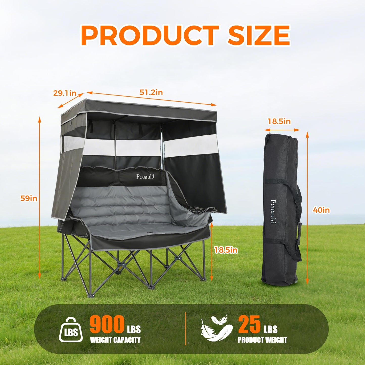Pcuauld Double Camping Chair with Canopy Heavy Duty 2 Person Folding Loveseat Beach Chair with Shade High Back Oversized Outdoor Camping Couch with Cup Holders & Wine Racks for Lawn, Fishing, Sports