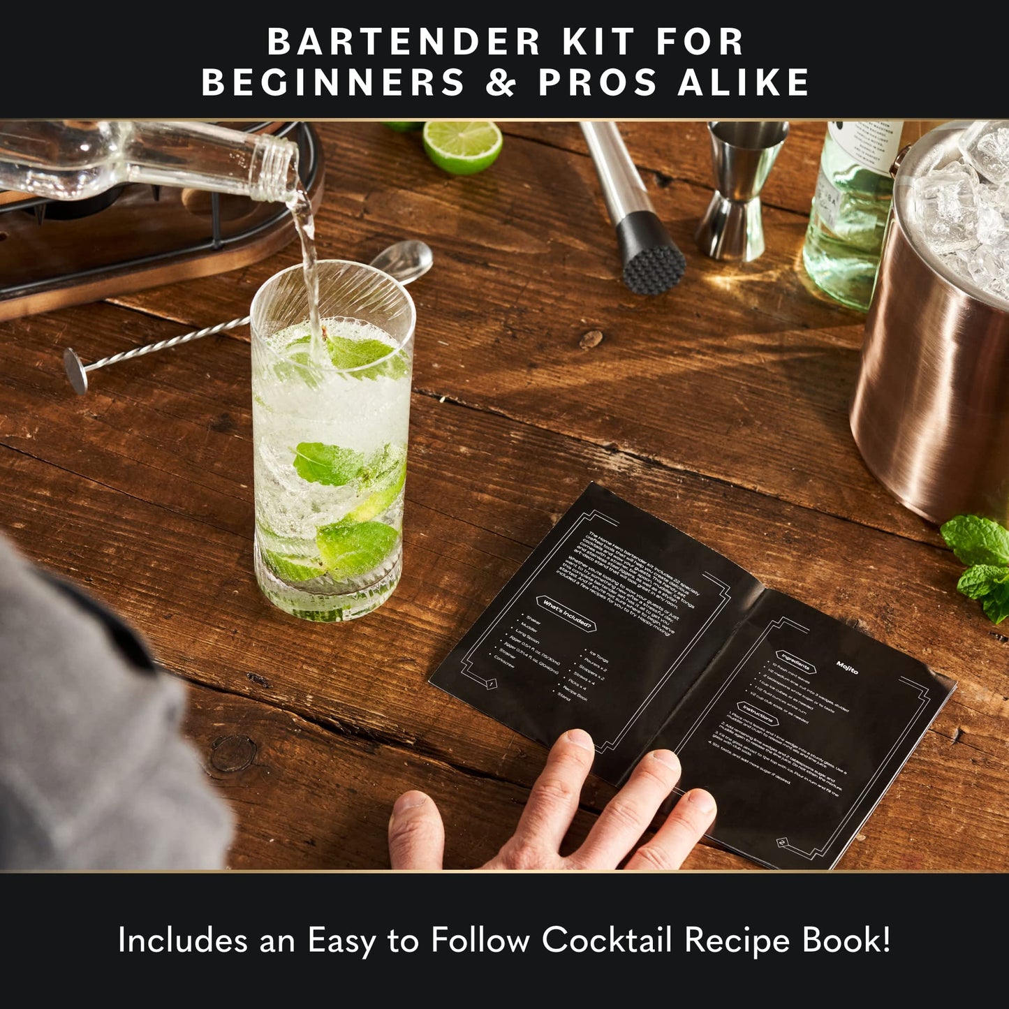 Home Hero Elegant Bartender Kit with Wooden Stand, Premium Bar Set & Cocktail Shaker, Gift for Home Bar and Cocktail Enthusiasts, Essential Bar Accessories with Recipe Book (22 Pcs - Silver)