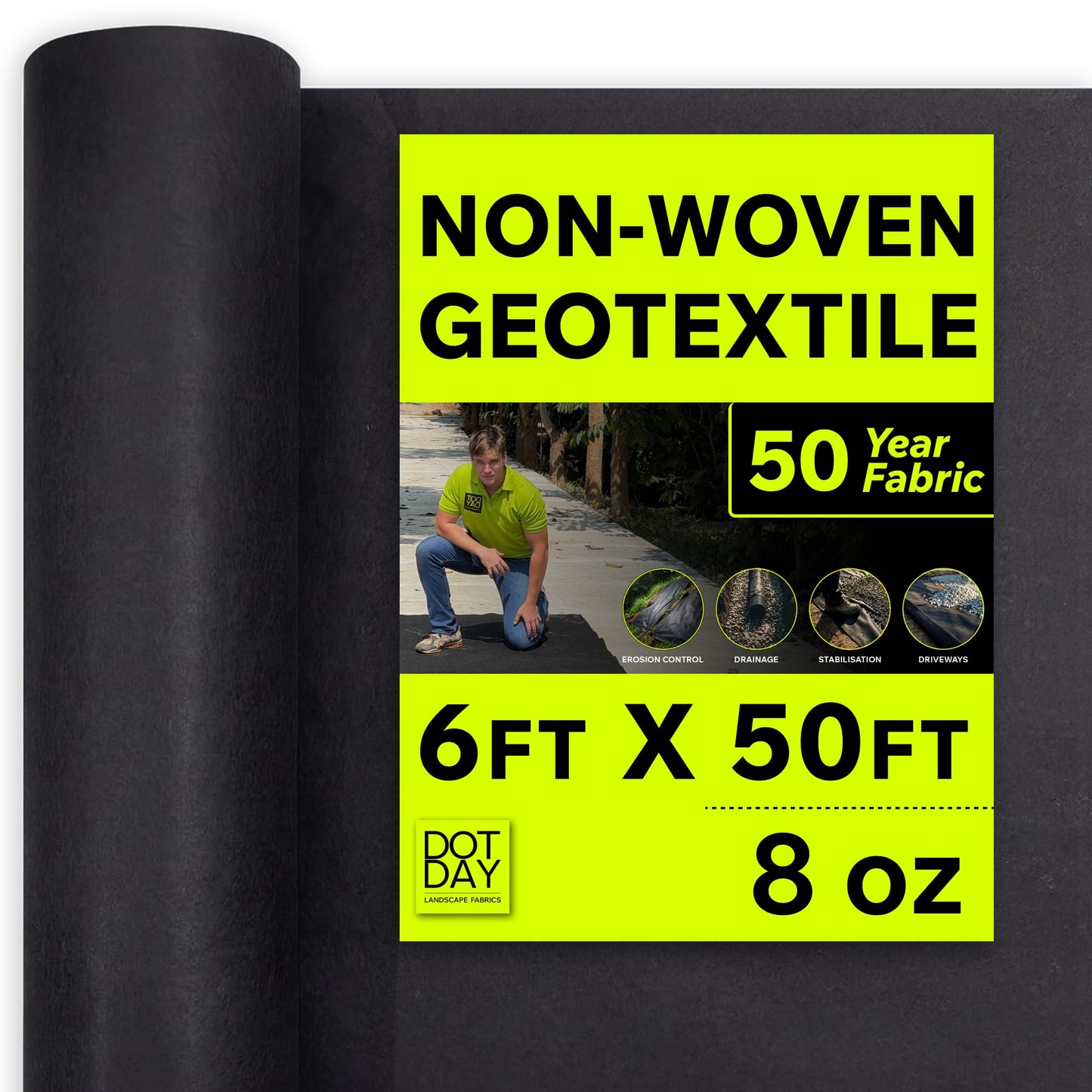 DOTDAY 8 oz Non-Woven Geotextile Fabric 6ft x 50ft, Heavy Duty Driveway Underlayment for Gravel, French Drain Fabric, Paver Base & Erosion Control, UV-Stabilized Permeable, Black, Terra