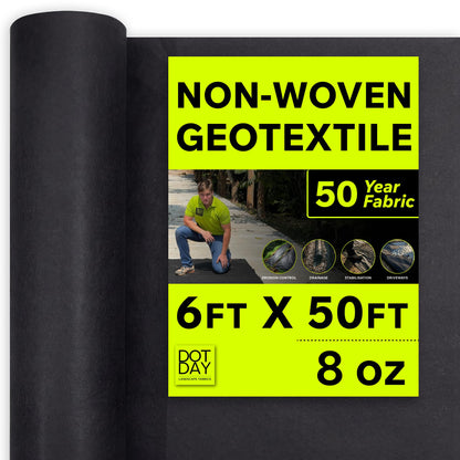 DOTDAY 8 oz Non-Woven Geotextile Fabric 6ft x 50ft, Heavy Duty Driveway Underlayment for Gravel, French Drain Fabric, Paver Base & Erosion Control, UV-Stabilized Permeable, Black, Terra
