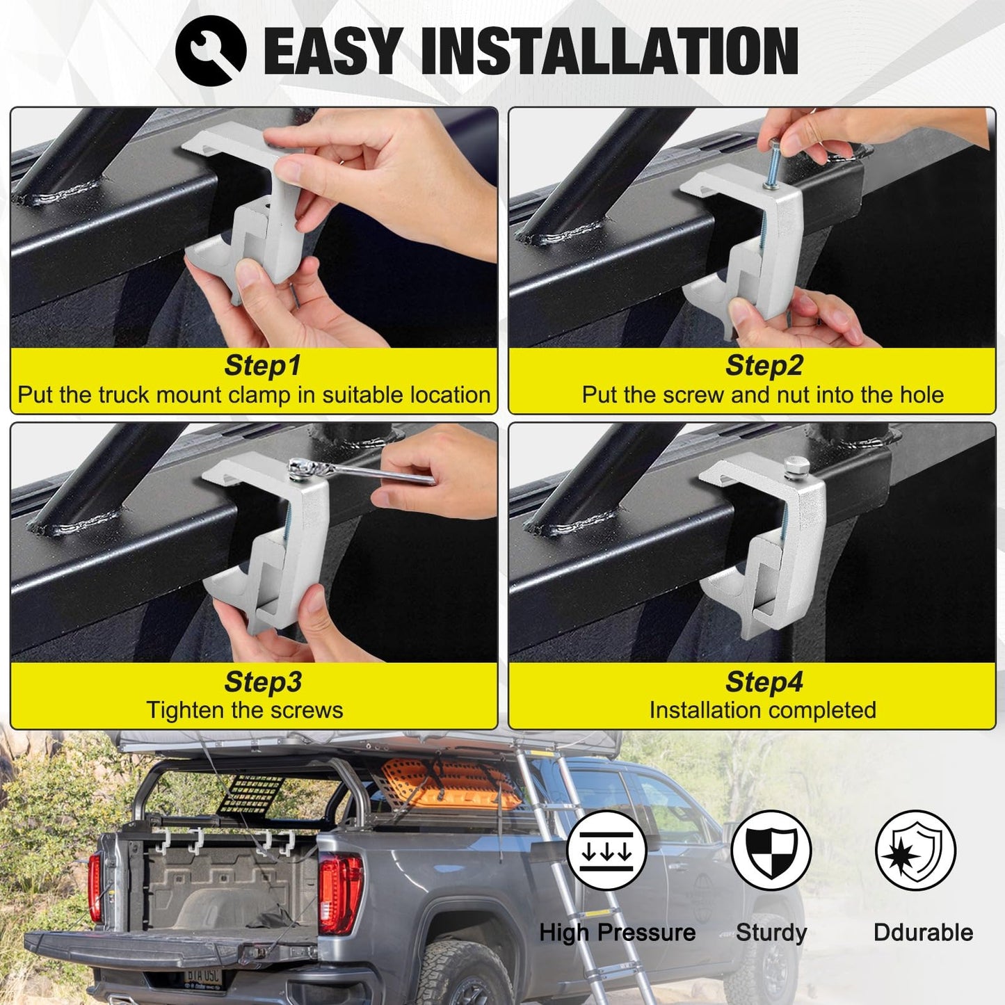 Extra Long Traction Boards+Truck Cap Clamps 6 Pack, Heavy Duty No Drill Camper Shell Mount, Anti-Loose Truck Bed Rail Clamps Fit F150 F250 Ram Silverado Tundra Titan, Secure & No Damage Installation