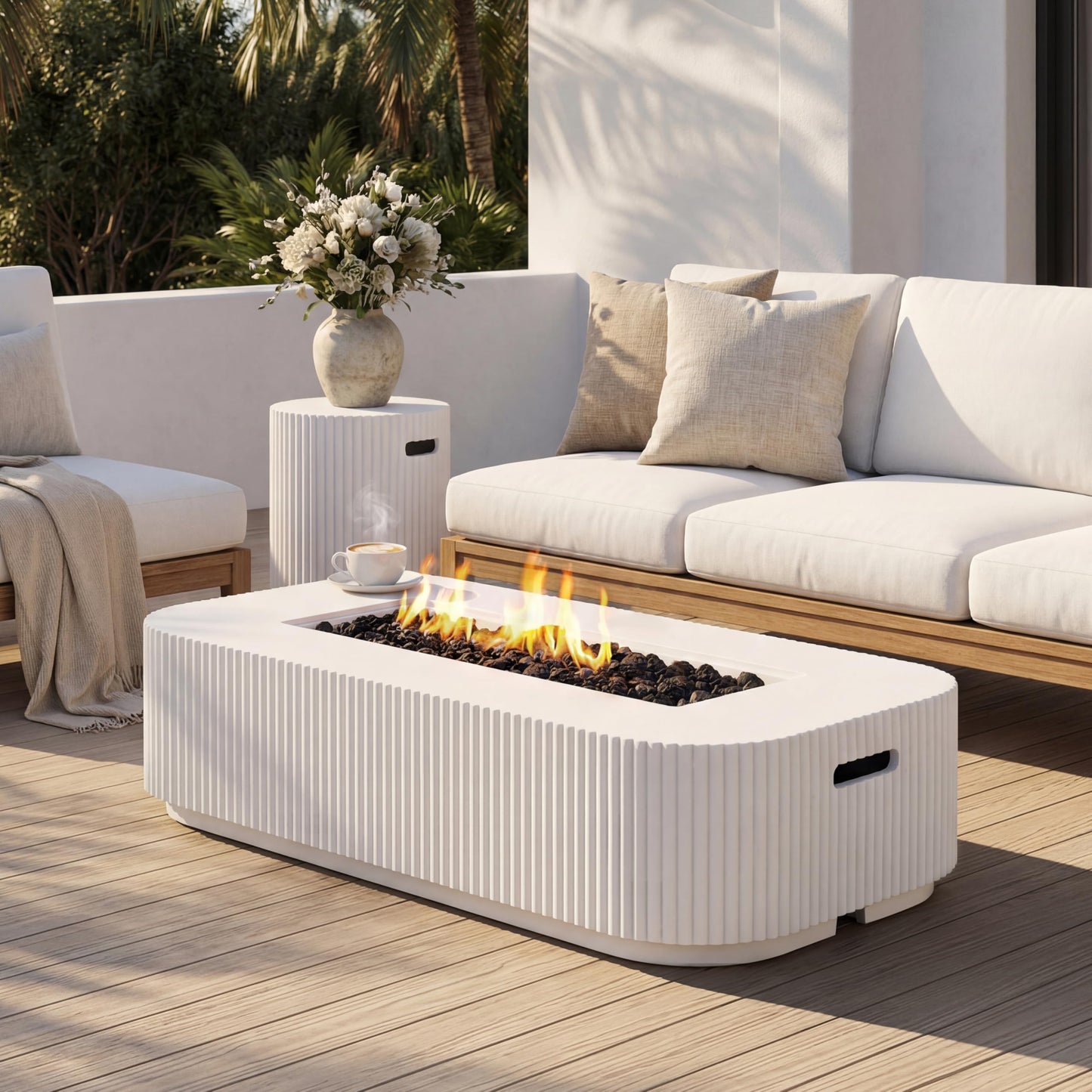 Christopher Knight Home 48.2 Inch Outdoor Rectangular Fire Pit Set with Tank Cover Side Table, MgO Concrete Propane Fire Pit 50000 BTU, White Modern Patio Heating Table Set
