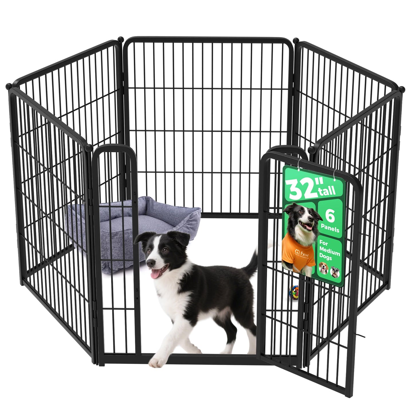 FXW Homeplus Unleashed Indoor Dog Playpen - Stress-Free and Safe Play, Heavy Duty 32 Inch 6 Panels Dog Pen for Small and Medium Dogs, Black│Patented