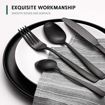 Hiware 48-Piece Matte Black Silverware Set with Steak Knives, Black Flatware Set for 8, Stainless Steel Tableware Cutlery Set, Utensil Sets for Kitchen