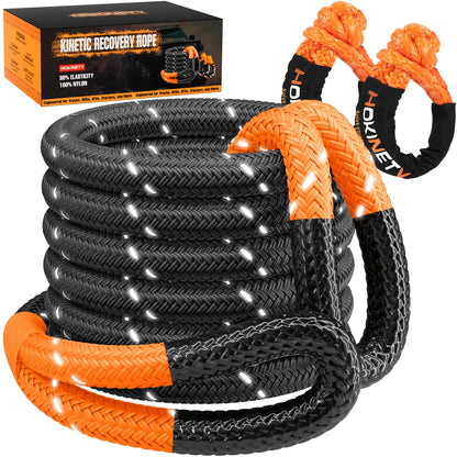 Kinetic Recovery Tow Rope - 1.26" x30FT 55000LBS Reflective Heavy Duty Snatch Strap Kit with Soft Shackles for Offroad Pulling Truck SUV UTV ATV Car Jeep - Black