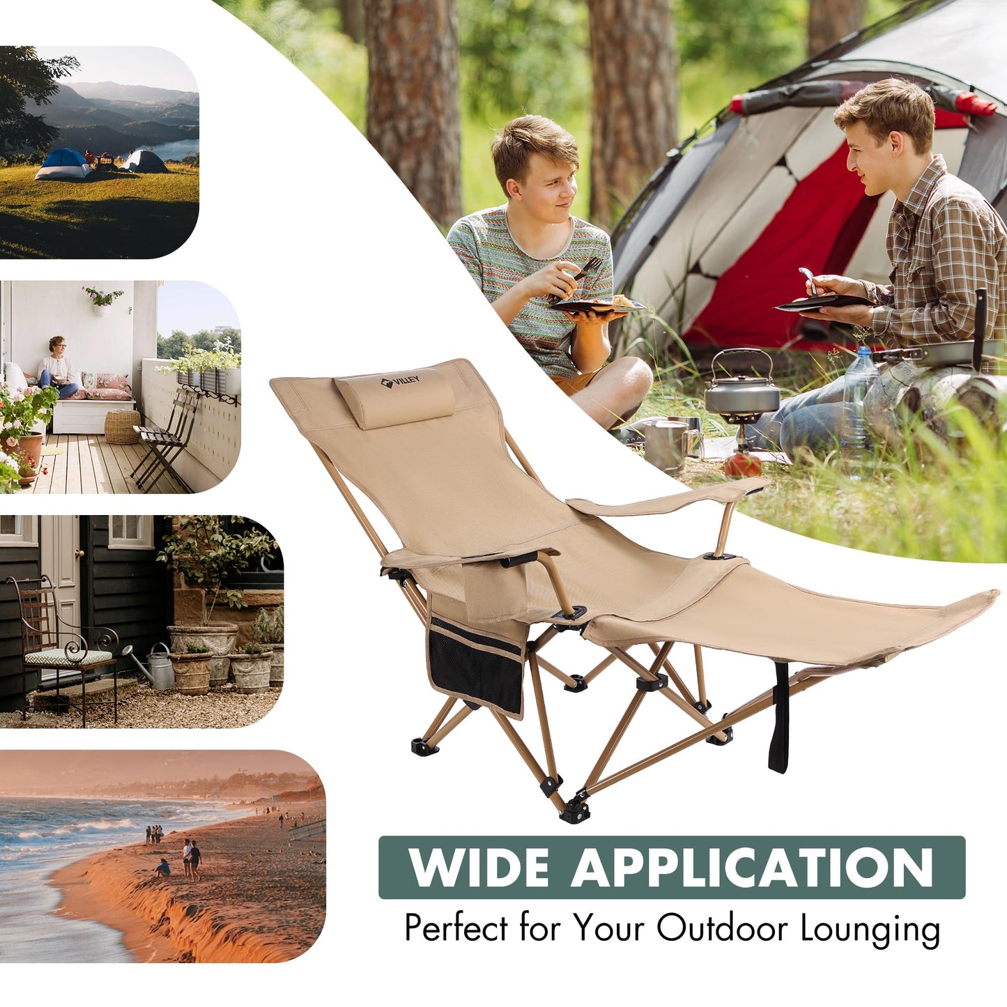VILLEY Reclining Camping Lounge Chair Adjustable Foldable Chair for Adults with Removable Footrest, Headrest & Storage Bag Supports Up to 330 LBS Beige