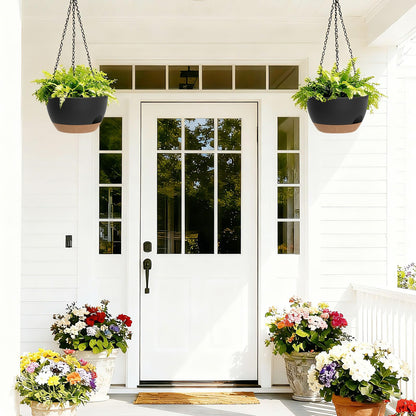 SQKH 8 Inch Hanging Planters for Indoor Outdoor Plants, 4 Pack Black Brown Plastic Self Watering Hanging Baskets with Drainage Holes and Chain for Garden Porch