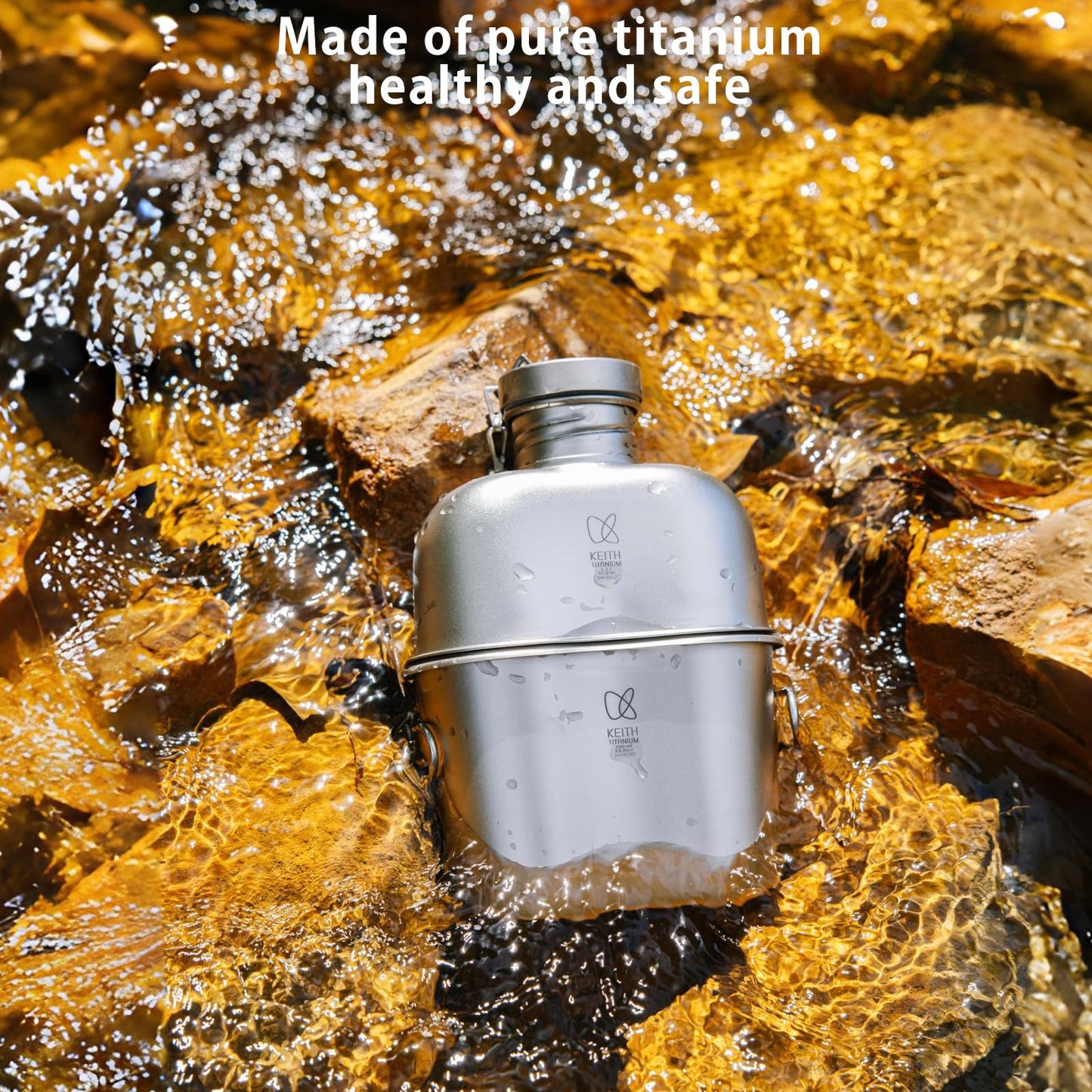 KEITH Titanium Ti3061 Canteen Mess Kit with Stove 1100 ml Titanium Kettle Wood Stove 700 ml Camping Pot with Folding Handle 350 ml Tactical Mug Storage Bag Suitable for Hiking and Mountaineering