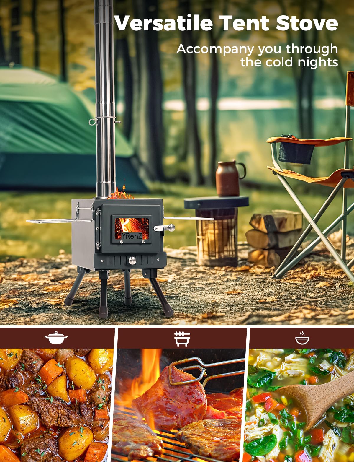 YRenZ Upgraded Hot Tent Stove – High-Temperature Wood Burning with 7-Section Roll-Edge Chimney, Reinforced Door Frame, Airtight Body & Tempered Glass – Portable for Camping, Ice Fishing, Hunting