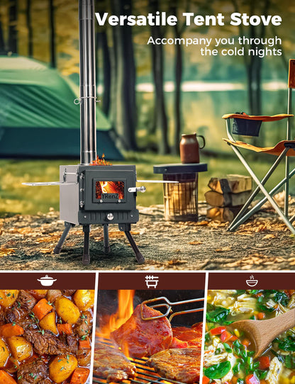YRenZ Upgraded Hot Tent Stove – High-Temperature Wood Burning with 7-Section Roll-Edge Chimney, Reinforced Door Frame, Airtight Body & Tempered Glass – Portable for Camping, Ice Fishing, Hunting