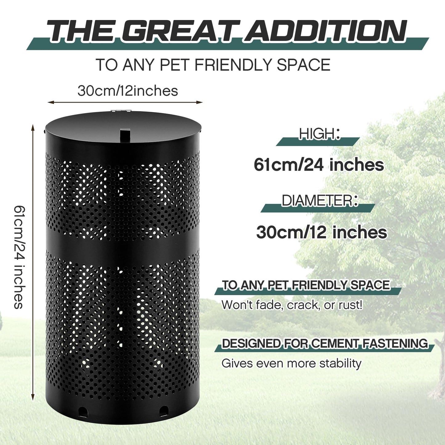 Dansydaisy Round Outdoor 10 Gallon Capacity Trash Can with Lid for Dog Waste Station - Rust Free UV Powder Coated - Designed to Mount on Any Post or Wall(Black)