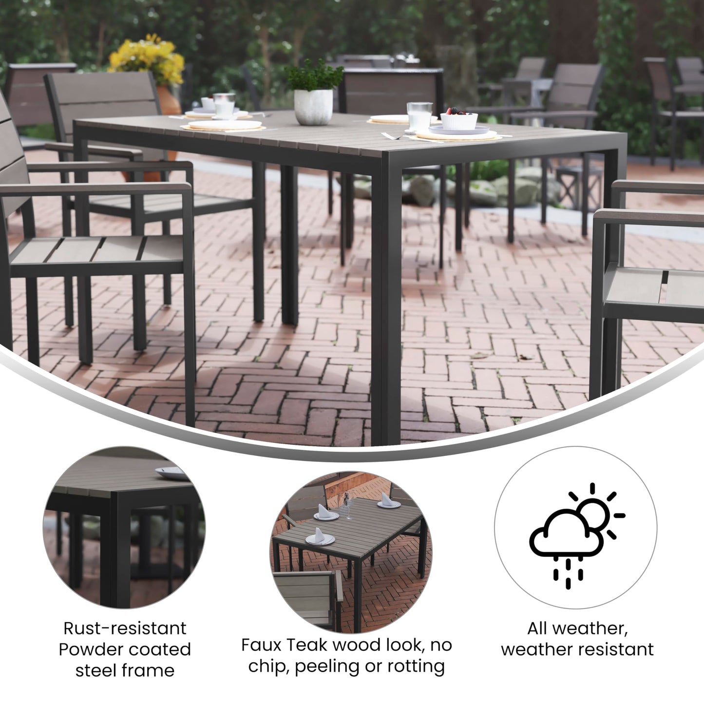 Flash Furniture Finch Commercial Grade Outdoor Dining Table 55" x 31" with Faux Teak Poly Slats and Metal Frame, Gray/Gray