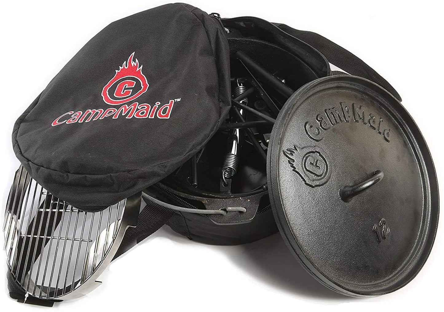 CampMaid Outdoor Cooking Set - Dutch Oven and Tools Set - Charcoal Holder & Cast Iron Grill Accessories - Camping Grill Set - Outdoor Cooking Essentials - Camp Kitchen Equipment - (6 Piece Set)