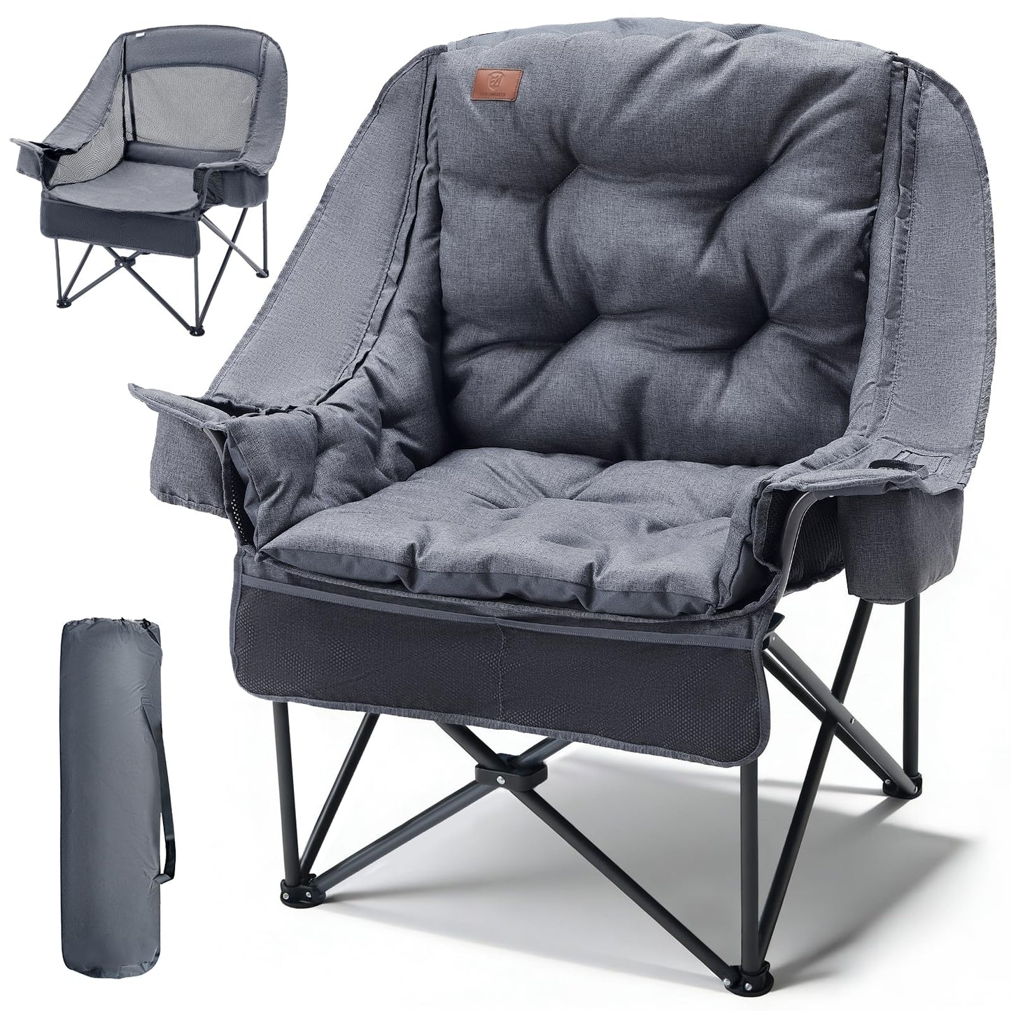 EVER ADVANCED XL Camping Chair with Detachable Cushion, Mesh Chair for Adults Foldable, Oversized Heavy Duty Folding Chair with Cooler Mesh Pocket Cupholder Outdoor Fishing, Supports 400LBS Grey