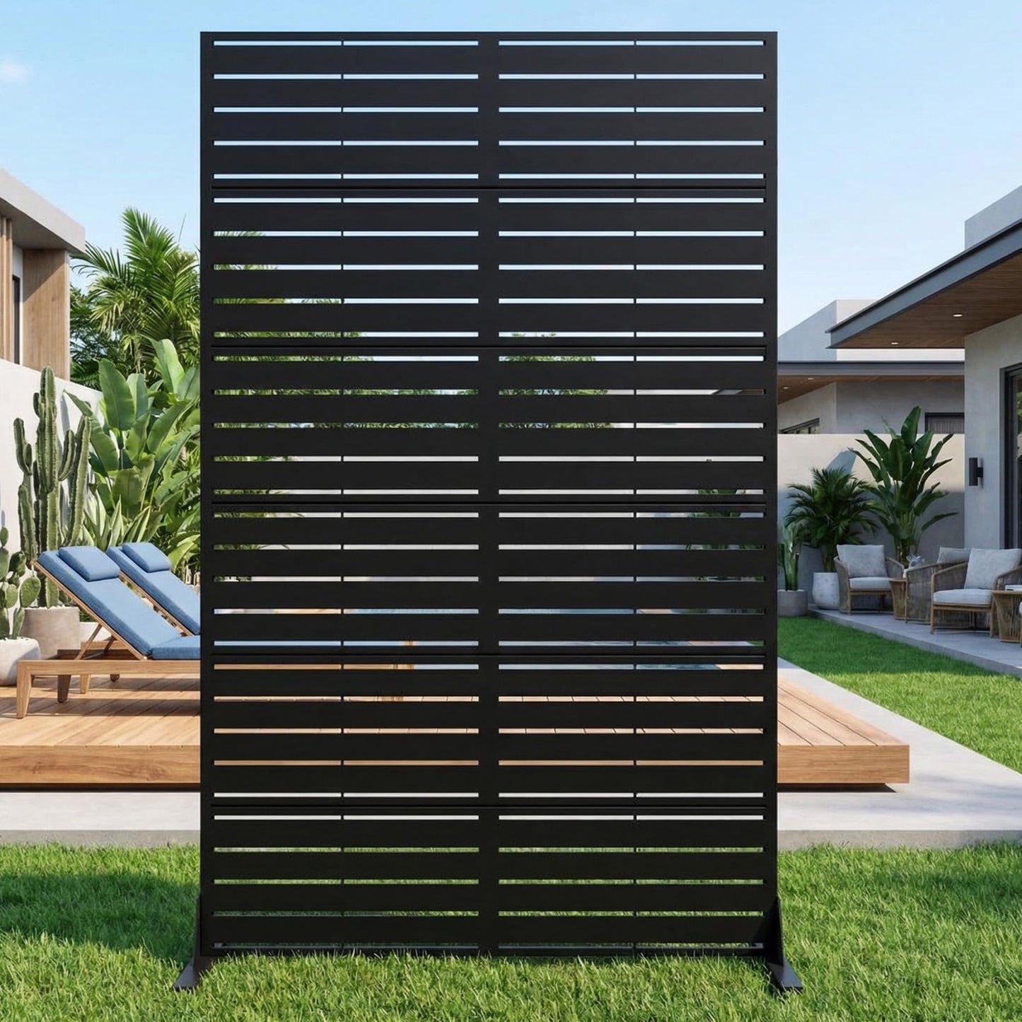 Casaphoria Metal Privacy Screen Outdoor, 72" H x 47" W Freestanding Decorative Privacy Screen for Patio Deck Balcony Garden with Stable Base, Louvered Black
